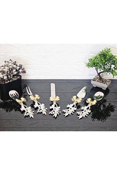atabey home collection 5-Piece Butterfly Detailed Silver Serving Set & Cake Serving & Spatula, Colander, Knife, Fork