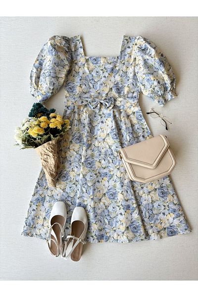 KÜÇÜĞÜM BUTİK Combinație de rochii pentru mamă-fiică cu model floral albastru pastel