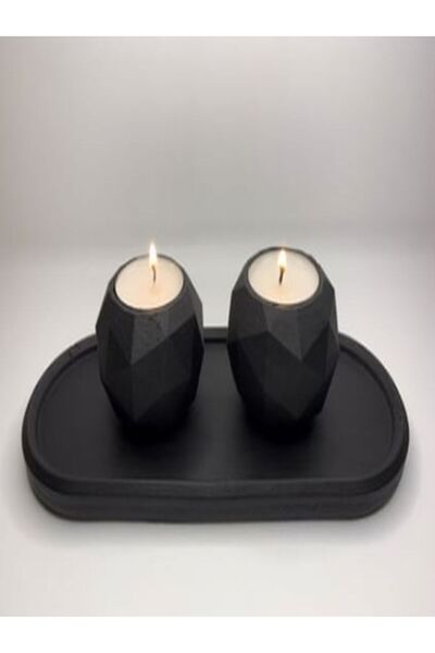 Store Geometrik Beton Mumluk Set Mat Siyah 3 Parça Oval Tealight Mumluk(2 adet tealight dahil)