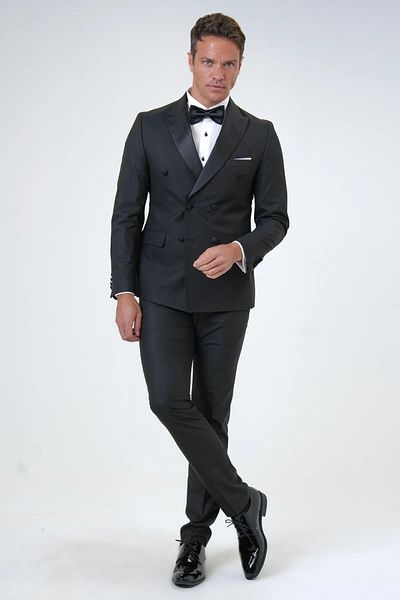 SÜVARİ Tuxedo din satin negru - Călăreț dublu, cu detaliu cu rever cu flori