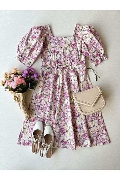 KÜÇÜĞÜM BUTİK Pink Pastel Square Collar Floral Print Flared Mother-Daughter Dress Combination (Single)