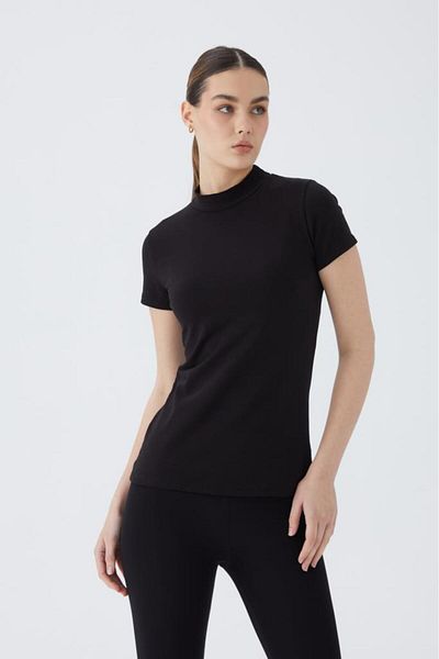 Almila Tricou cu mânecă scurtă pentru femei, cu gât roscat, 2046 de bumbac, elastic