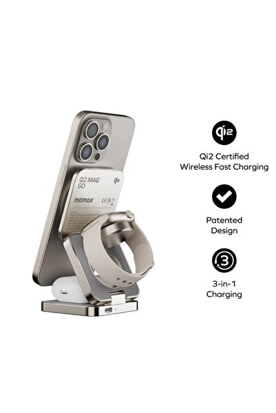 Momax Q2.Mag 3'ü 1 Arada Katlanabilir Qi2 15W Manyetik Kablosuz Şarj Standı