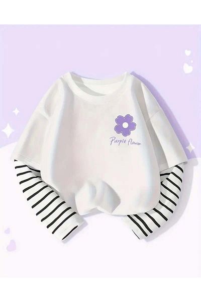 Touz Moda Μωβ λουλούδι Unisex μακρυμάνικο λευκό μπλουζάκι