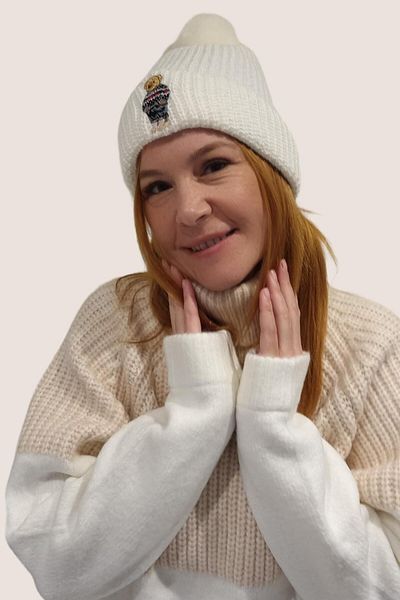 Moda Amore Зимна барета с фигурка на плюшено мече, първо качество, цвят екрю - 888