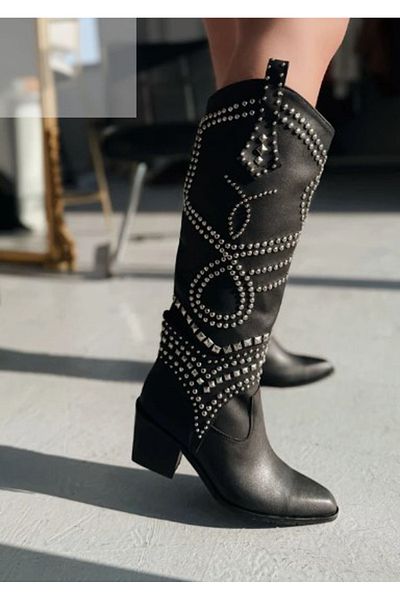 Afilli Afili Women - Black Studded Stylish Long Cowboy Boots with Pointed Toe and Over-The-Knee Chunky Heel