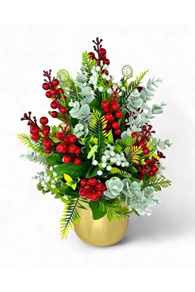 Nettenevime Yapay Çiçek Aranjman Gold Vazoda Yılbaşı Çiçeği Kırmızı Kokina Ve Pastel Şimşir