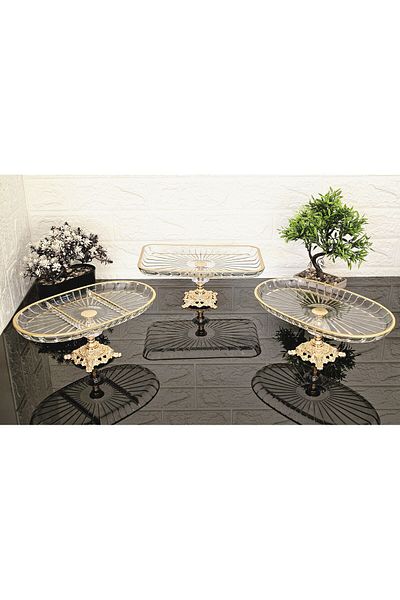 atabey home collection طقم مهر مخطط مكون من 3 قطع - طبق تقديم ذهبي ومجموعة قدم