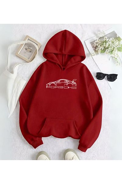 Touz Moda Car Detail Stonework Detail Printed Hooded Sweatshirt