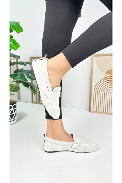 İmerShoes Білі лофери з плюшевою підкладкою - овальний носок, підошва з низьким візерунком, жіноче взуття на щодень 375