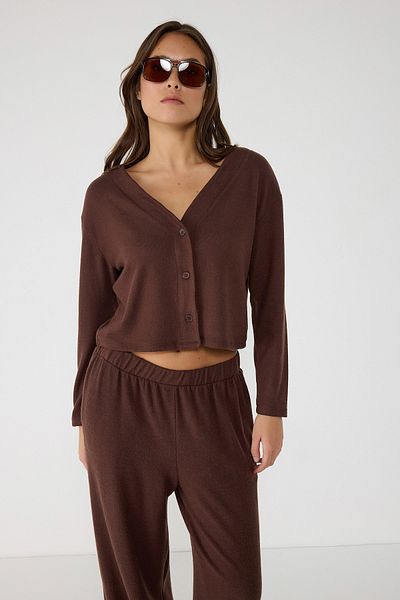 No Matter What Brown V-Neck Button Detailed Soft Textured Crop Cardigan