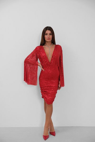 Black Fashion Rochie roșie cu paiete decoltată cu mânecă liliac
