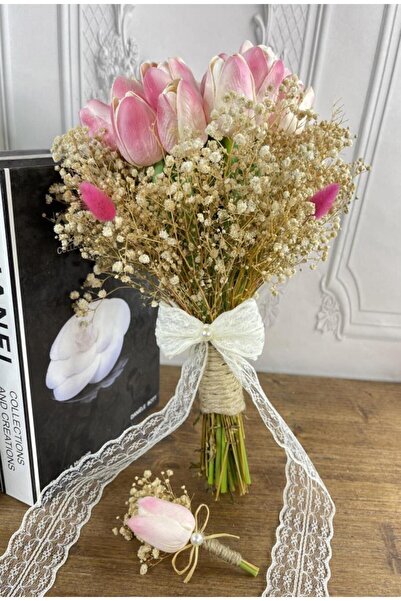 Nettenevime Bride Flower Artificial Flower Pink Wet Tulip Tulip and Cream Cipso and Dry Flower Branches Bridal Bouquet