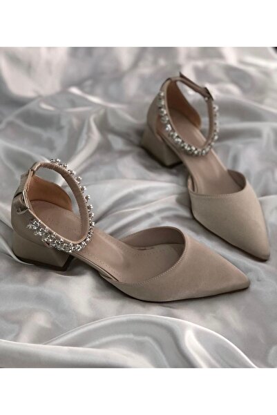 mka mikana حذاء سهرة نسائي بكعب منخفض من الساتان الحجري