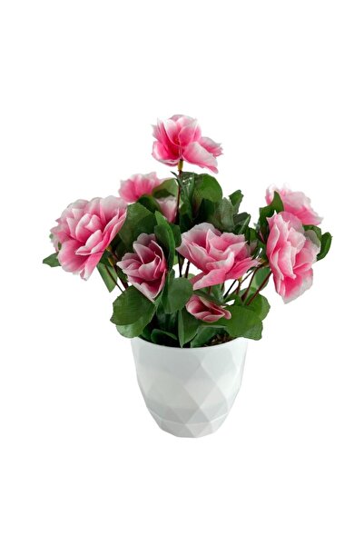 Nettenevime Yapay Çiçek Beyaz Saksıda Pembe Açelya Dekoratif Masa Çiçeği