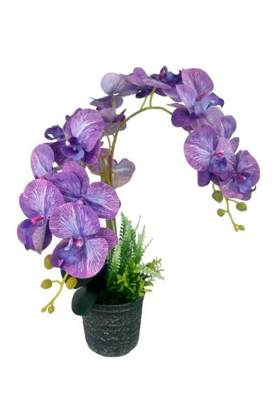 Nettenevime Yapay Çiçek 2li Lila Damarlı Islak Orkide Seramik Saksıda Orkide 60cm