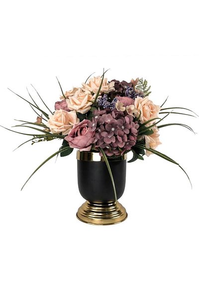 Nettenevime Artificial Flower Arrangement Special Design Latex Roses Hydrangeas in Metal Matte Black Gold Vase