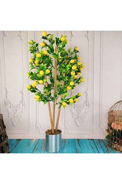 Nettenevime Yapay Ağaç Limon Ağacı Gür Yapraklı 80cm Bambu Dalında Gümüş Paslanmaz Aleminyum Saksılı