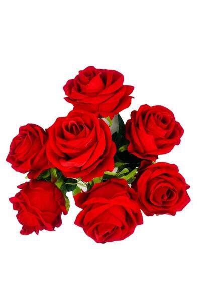 Nettenevime Yapay Çiçek Kadife Kırmızı Gül Demeti 7 Dallı 35*25cm 7cm Gül Büyükboy KIRMIZI