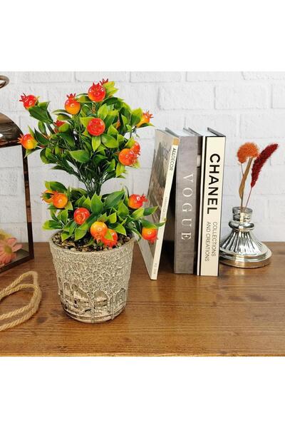 Nettenevime Yapay Çiçek Gri Seramik Saksıda Kırmızı Nar Ağacı