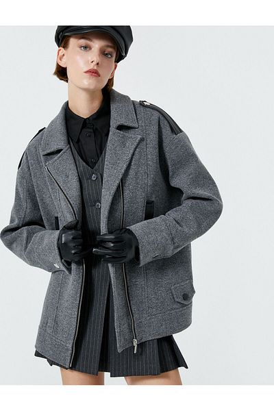 Koton Biker Coat with Epaulettes and Zippered Artificial Leather Detail