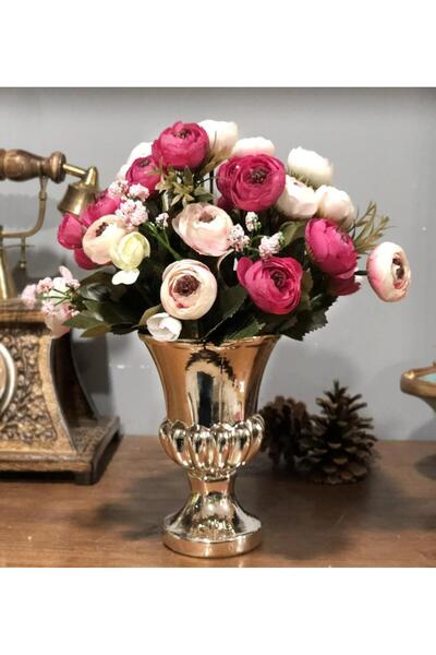 Nettenevime Yapay Çiçek Aranjmanı Antik Cam Vazoda Pembe Fuşya Erengüller