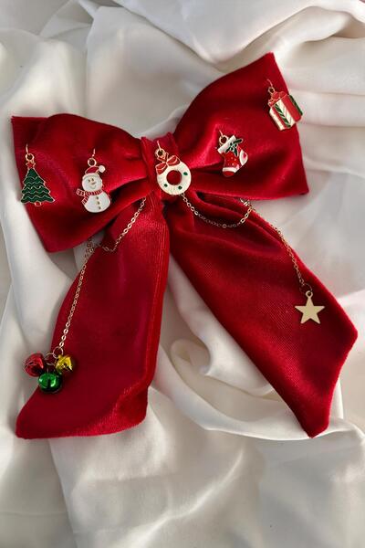 New Obsessions Yılbaşı Figürleri Süslü Kırmızı Charm Kadife Otomatik Hediyelik Saç Tokası