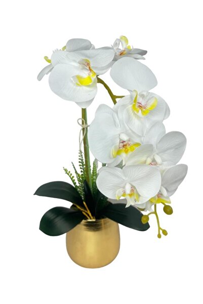 Nettenevime Yapay Çiçek Beyaz Islak Orkide Gold Metal Saksıda Seramik Saksıda...