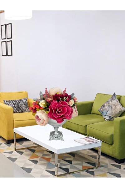 Nettenevime Yapay Çiçek Aranjmanı Büyük Boy FuşyaPembe Tonlar Gümüş Metal Vazolu Arajman Nişan Kız İsteme Çiçeği