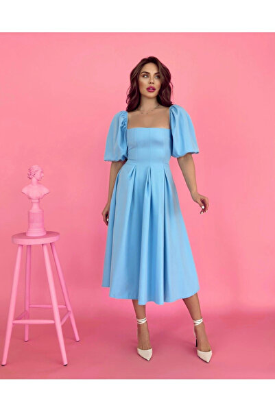 Butik Aura Mou Mavi Kare Yaka Balon Kollu Elbise