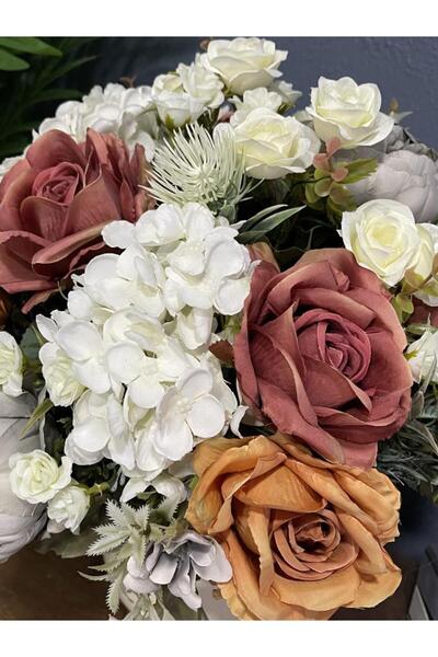 Nettenevime Yapay Çiçek Aranjmanı Gold-krem Vazolu Somon Gri Güllü Nişan Çiçeği Isteme Çiçeği Masa Üstü Çiçeği A