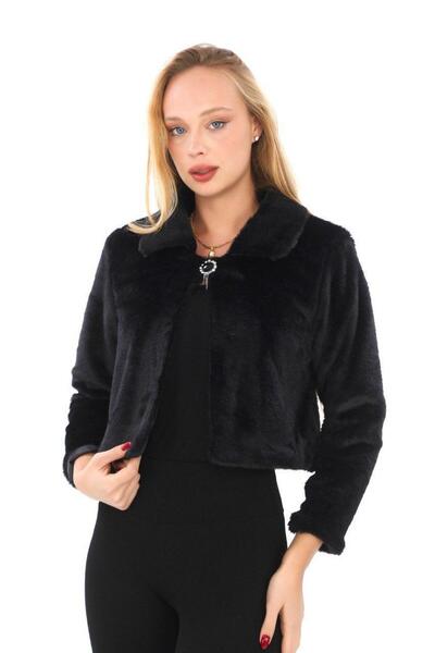 memetti m şekil Γυναικείο μαύρο παλτό με επένδυση από γούνα εσωτερικά, πολυτελές κοντό μπουφάν