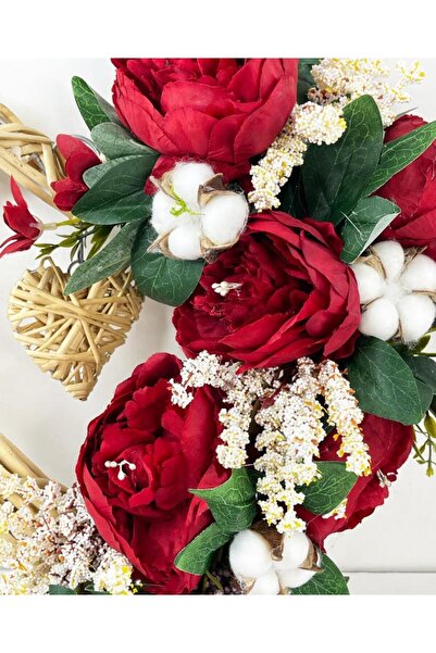 Nettenevime Artificial Flower Wicker Heart Door Ornament Christmas Flower Red Peony and Cotton