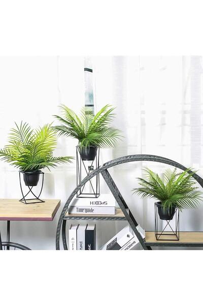 Nettenevime Yapay Çiçek Palmiye Metal Mat Siyah Saksılı Areka Yapay Bitki Salon Çiçeği 9 Yaprak