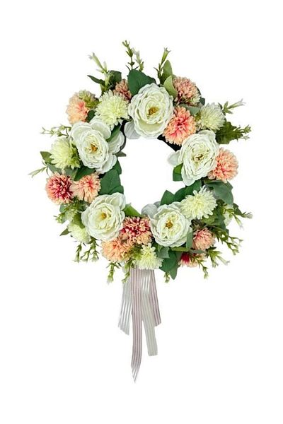 Nettenevime Ornament pentru ușă cu flori artificiale, roz, alb, crizantemă, bujor, coroană pentru ușă de Anul Nou