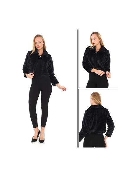 memetti m şekil Γυναικείο μαύρο παλτό με επένδυση από γούνα εσωτερικά, πολυτελές κοντό μπουφάν