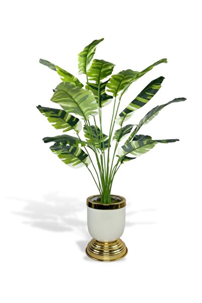 Nettenevime Yapay Çiçek Çizgili Muz Yapraklı Salon Çiçeği 18dal 90*60cm Gold Krem Vazoda Yapay Bitki