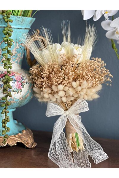 Nettenevime Gelin Çiçeği Yapay Çiçek Islak Lale Pamuk Otu Ve Cipso Gelin Buketi