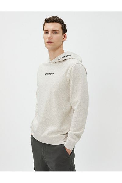 Koton Hooded Sweat Slogan Printed Long Sleeve Raised