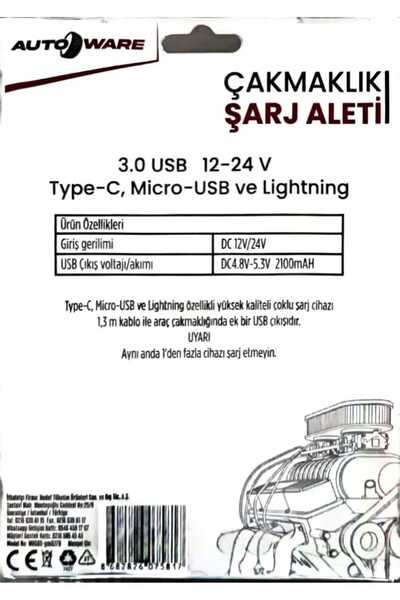 Autoware ÇAKMAKLIK ŞARJ ALETİ 3.0 USB 12-24V