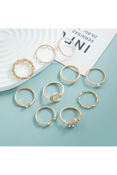 Takıtolia Moon Star 10 Piece Design Gold Gold Stone Ring Set