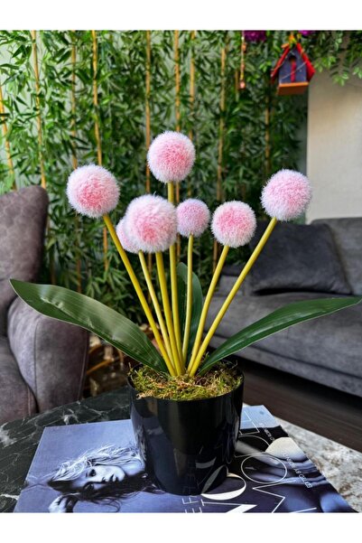 Nettenevime Yapay Çiçek Kırmızı Açık Pompon Siyah Saksıda Dekoratif Yapay Çiçek 30*20cm