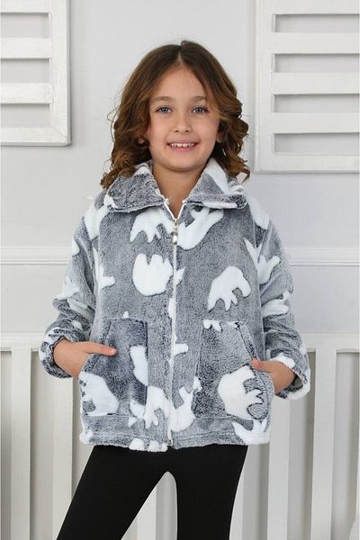 ARBİ kids Gray Plush Cardigan - Girl'S, with Pockets and Zipper, Sent 11-12 Years, Instead of 9-10