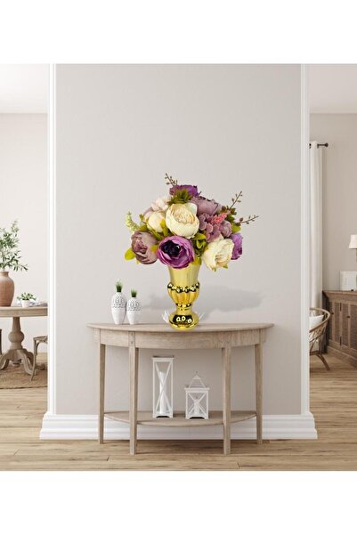 Nettenevime Yapay Çiçek Aranjmanı Mor Pembe Gülkurusu Rengi Gold Cam Vazoda Nişan Çiçeği İsteme Çiçeği