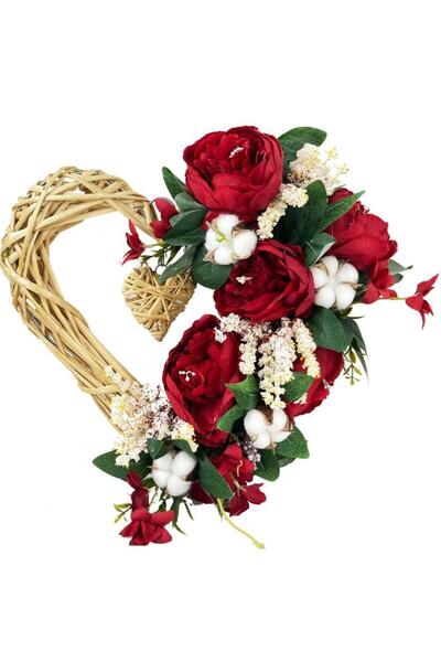 Nettenevime Artificial Flower Wicker Heart Door Ornament Christmas Flower Red Peony and Cotton