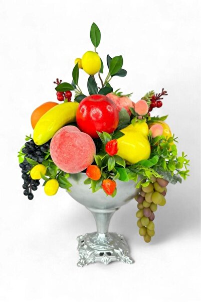 Nettenevime Yapay Meyve Aranjman Gümüş Vazoda Meyve Sepeti