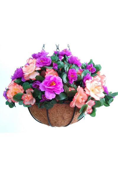 Nettenevime Yapay Çiçek Sarkaç Askılı Makreme Sepette Açelya Mor Pembe Çiçek Sepeti