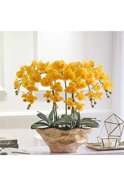 Nettenevime 4lü Set Yapay Çiçek Sarı Islak Orkide ve 2 Adet Orkide Yaprağı Gerçeksi Doku Uzun Dal 90cm