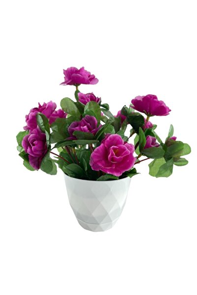 Nettenevime Yapay Çiçek Beyaz Saksıda Mor Açelya Dekoratif Masa Çiçeği