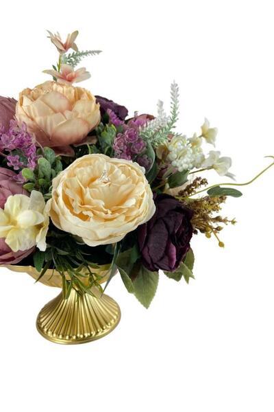 Nettenevime Yapay Çiçek Aranjmanı Desenli Metal Gold Vazolu Kahve Somon Pudra Tonlu Gülller Masa Üstü Çiçeği Ara